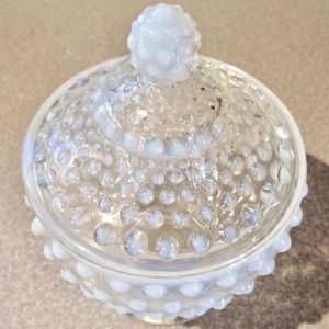 Vintage Opalescent Hobnail Glass Candy Dish w/ lid, “Fenton”